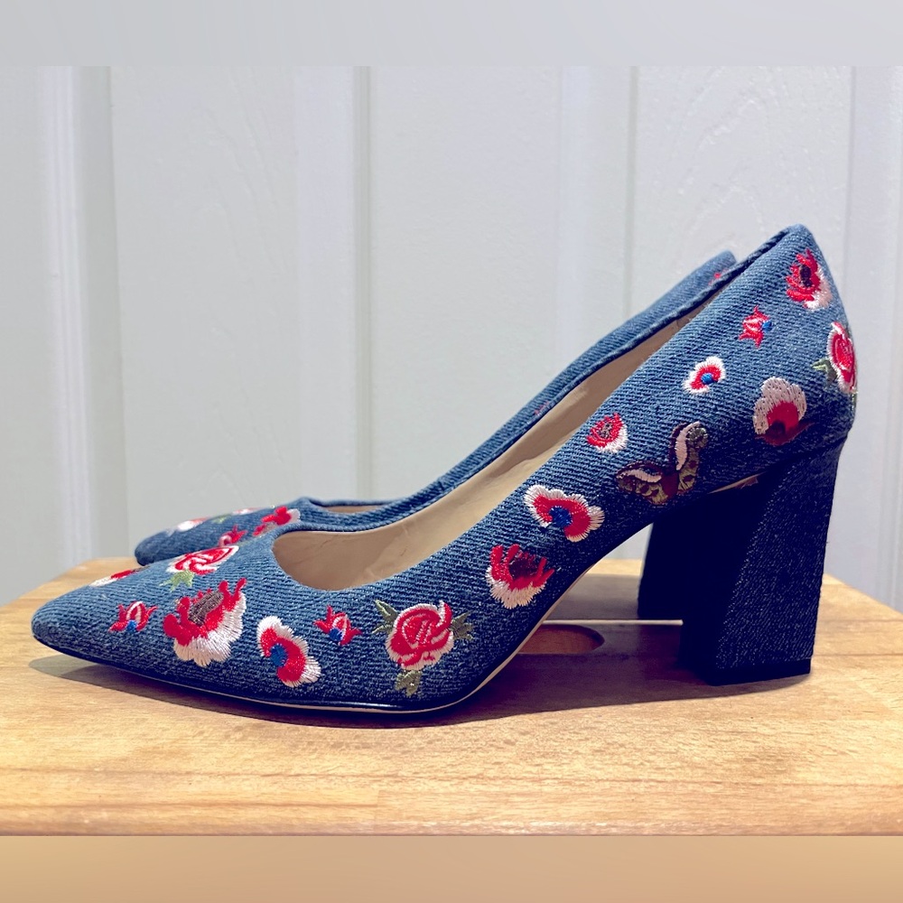 Denim Block Heels with Floral Embroidery by Gunmetal